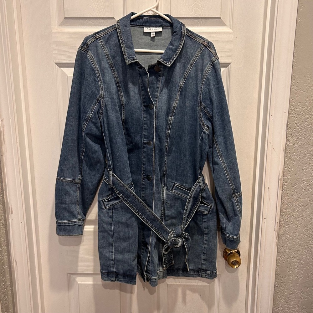 Lane Bryant Size 22 Belted Midi Denim Utility Jacket Medium Wash Blue Stretch